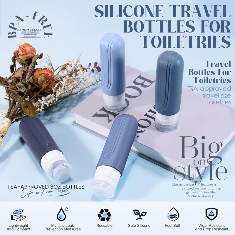 YIIMER Travel Bottles for Toiletries, 3oz TSA Approved Travel Size Toiletries, Silicone Leak-Proof Refillable Containers, Squeezable Liquid Essentials Bottles W/Clear Bag (BLUE) - Image 2